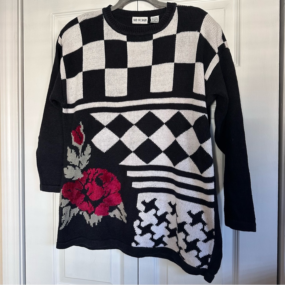 Vintage Blue Morgan Black/White Checkered Rose Sweater